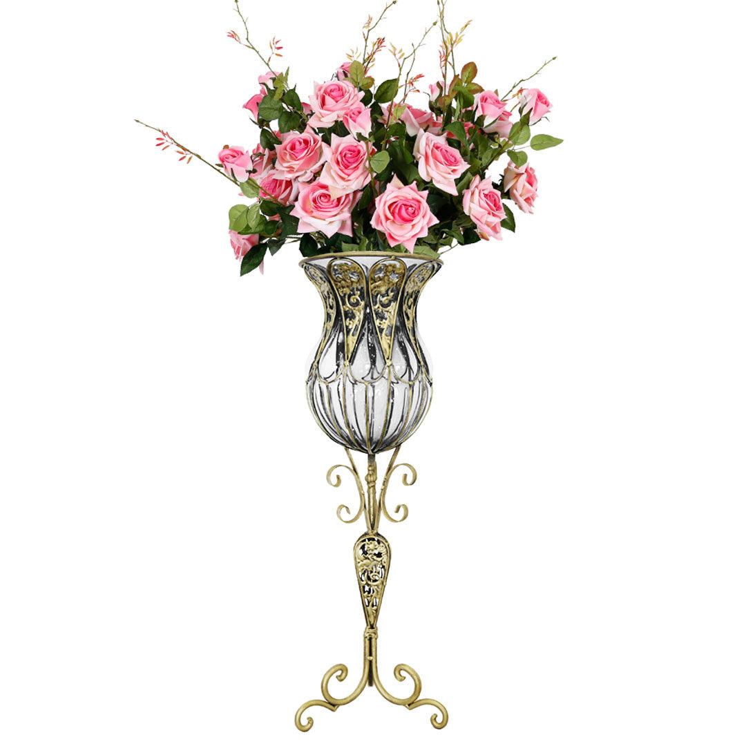 85cm Clear Glass Floor Vase with 12pcs Pink Artificial Flower Set