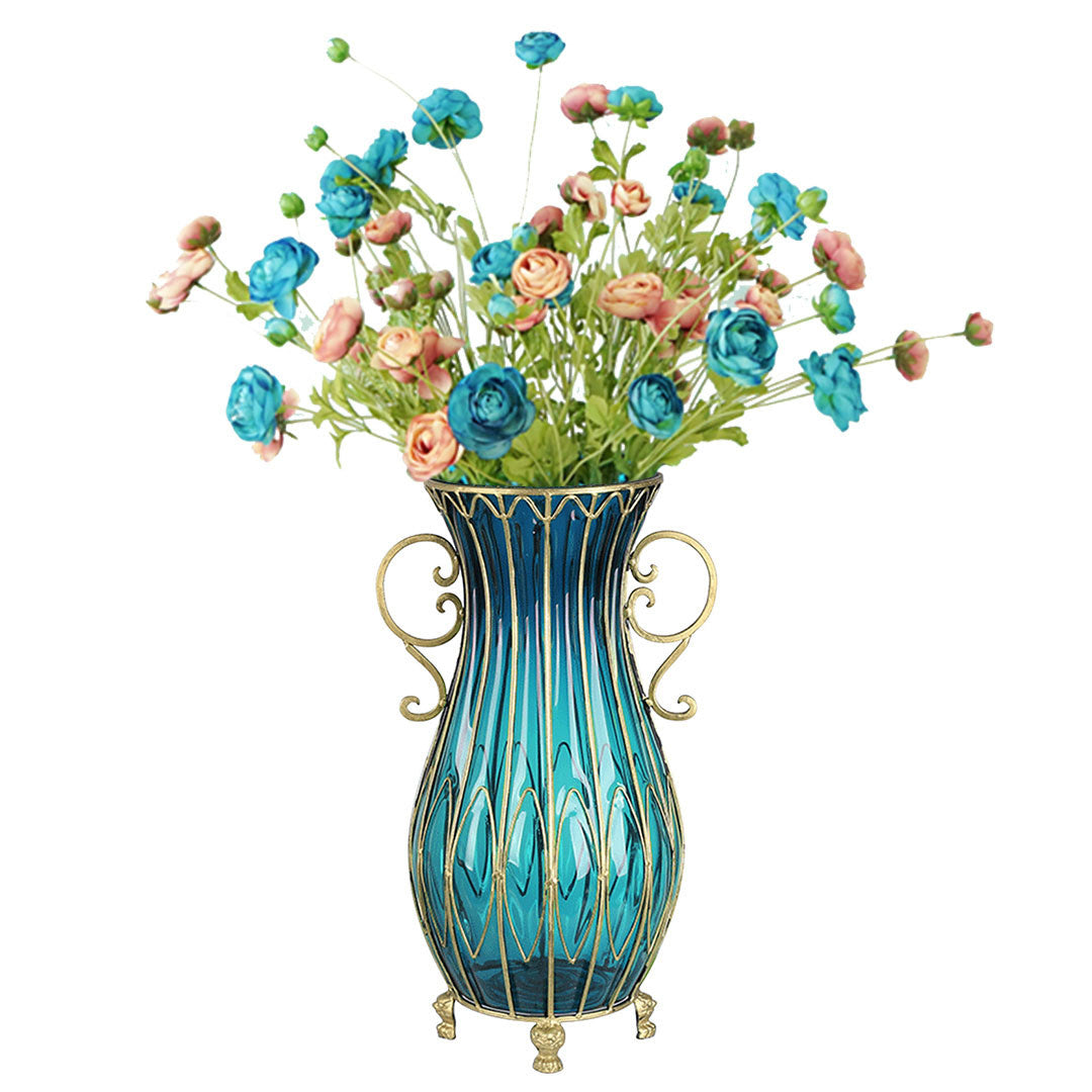 SOGA 51cm Blue Glass Floor Vase with 12pcs Artificial Flower Set