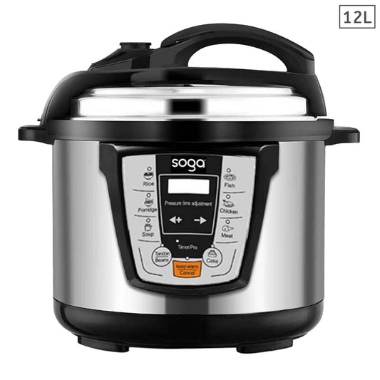 SOGA 12L Multicooker with durable stainless steel construction, designed for high-capacity meal preparation.