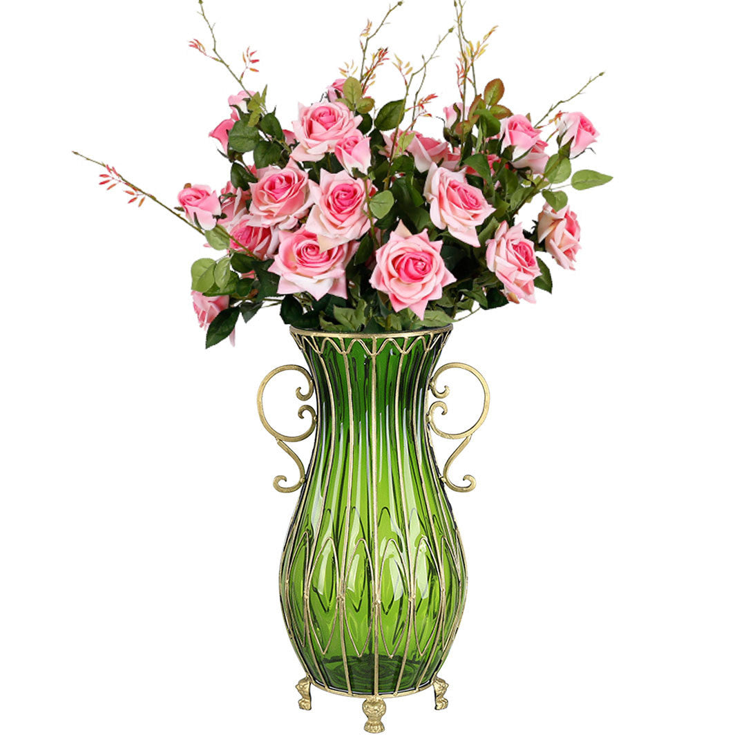 SOGA 51cm Green Glass Floor Vase with 12pcs Pink Artificial Flower Set