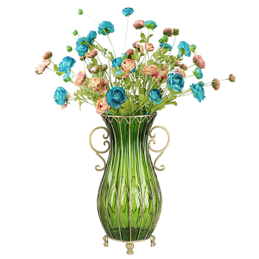 SOGA 51cm Green Glass Floor Vase with 12pcs Artificial Flower Set