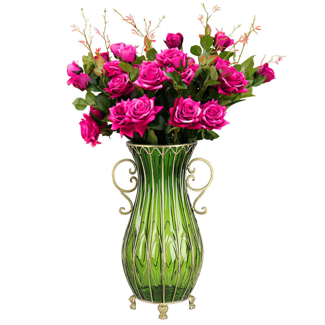 SOGA 51cm Green Glass Floor Vase with 12pcs Artificial Flower Set