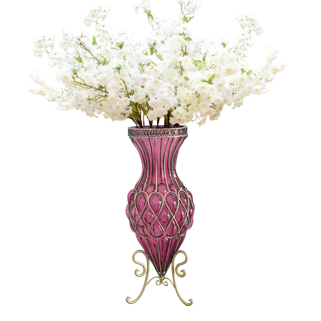 SOGA 67cm Purple Glass Floor Vase with 10pcs White Artificial Flower Set