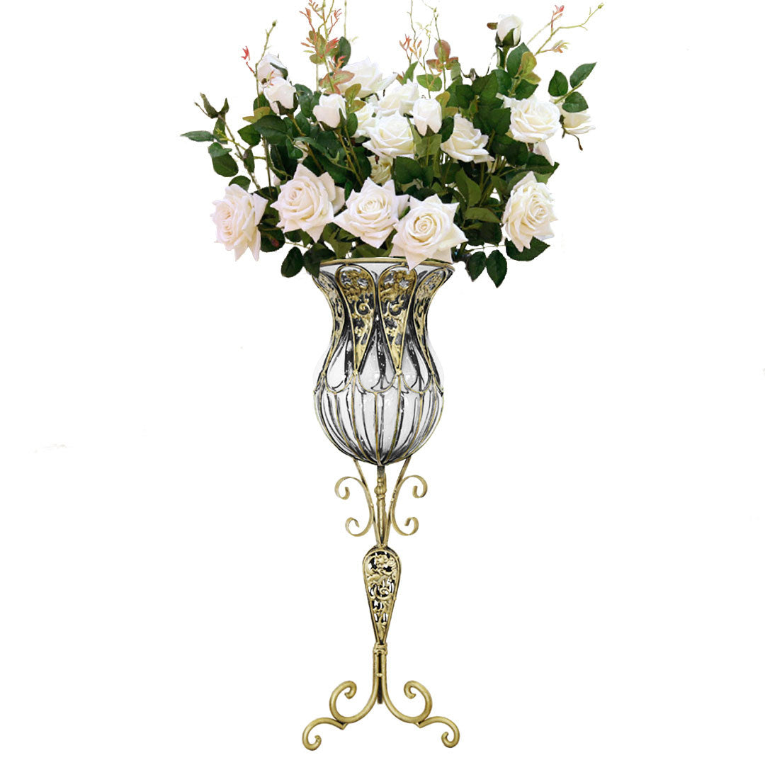 85cm Clear Glass Floor Vase with 12pcs White Artificial Flower Set