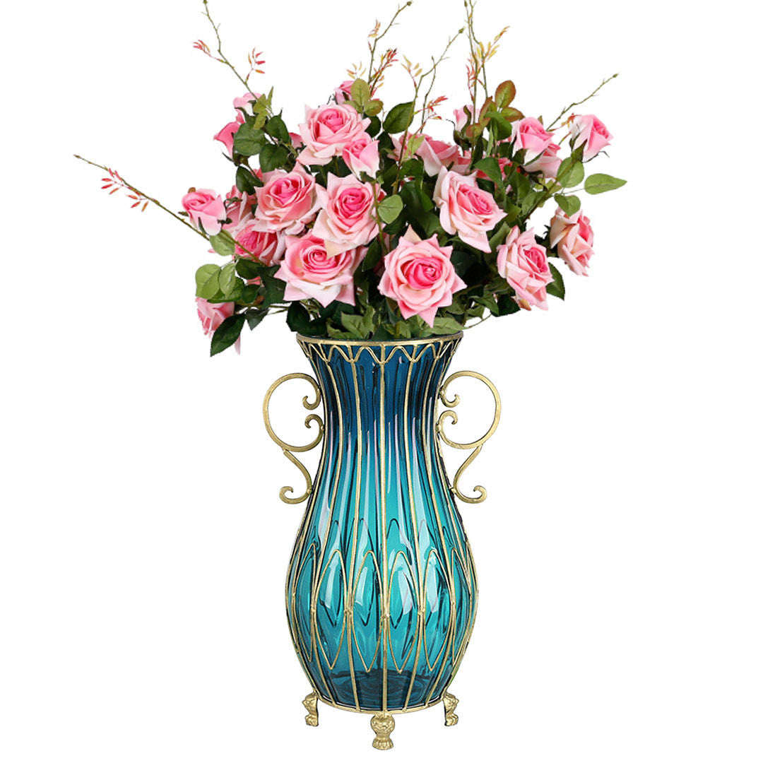 SOGA 51cm Blue Glass Floor Vase with 12pcs Pink Artificial Flower Set