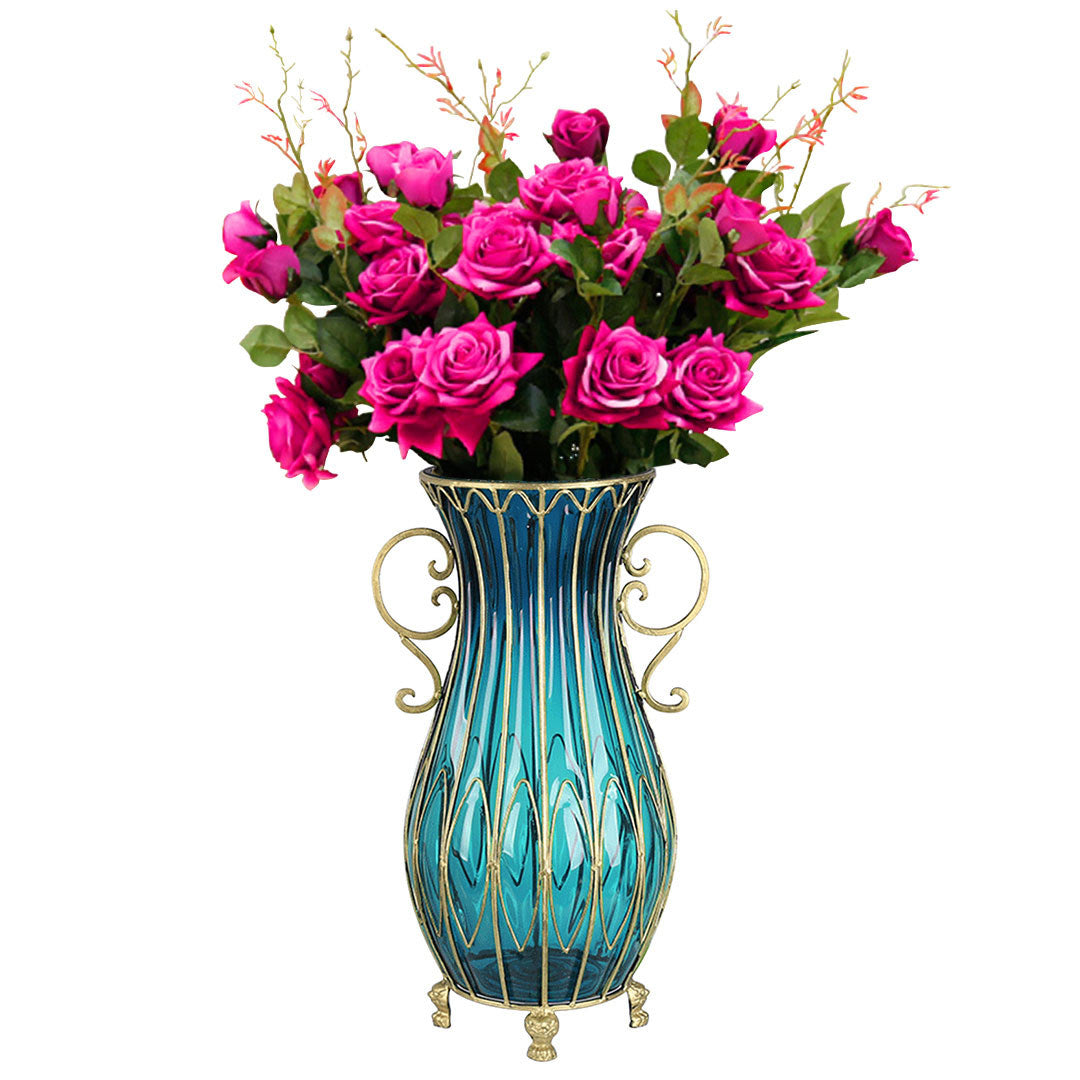 SOGA 51cm Blue Glass Floor Vase with 12pcs Artificial Flower Set