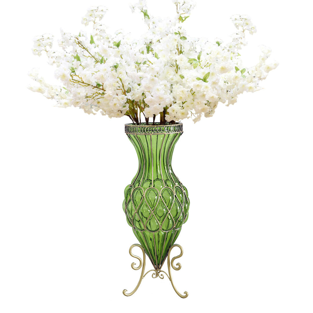 SOGA 67cm Green Glass Floor Vase with 10pcs White Artificial Flower Set