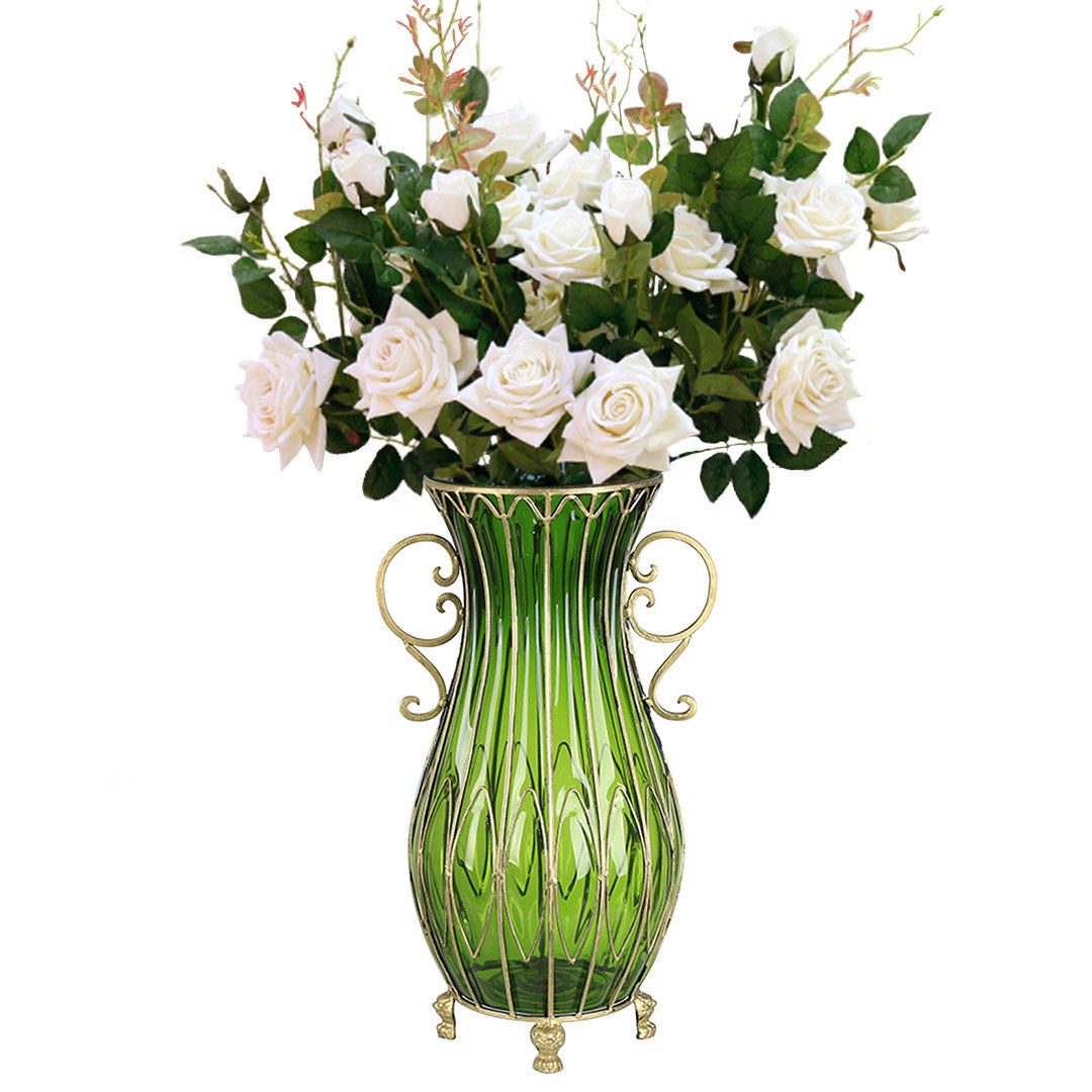 SOGA 51cm Green Glass Floor Vase with 12pcs White Artificial Flower Set