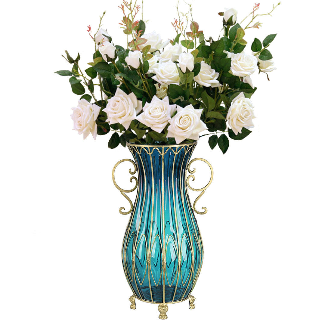 SOGA 51cm Blue Glass Floor Vase with 12pcs White Artificial Flower Set