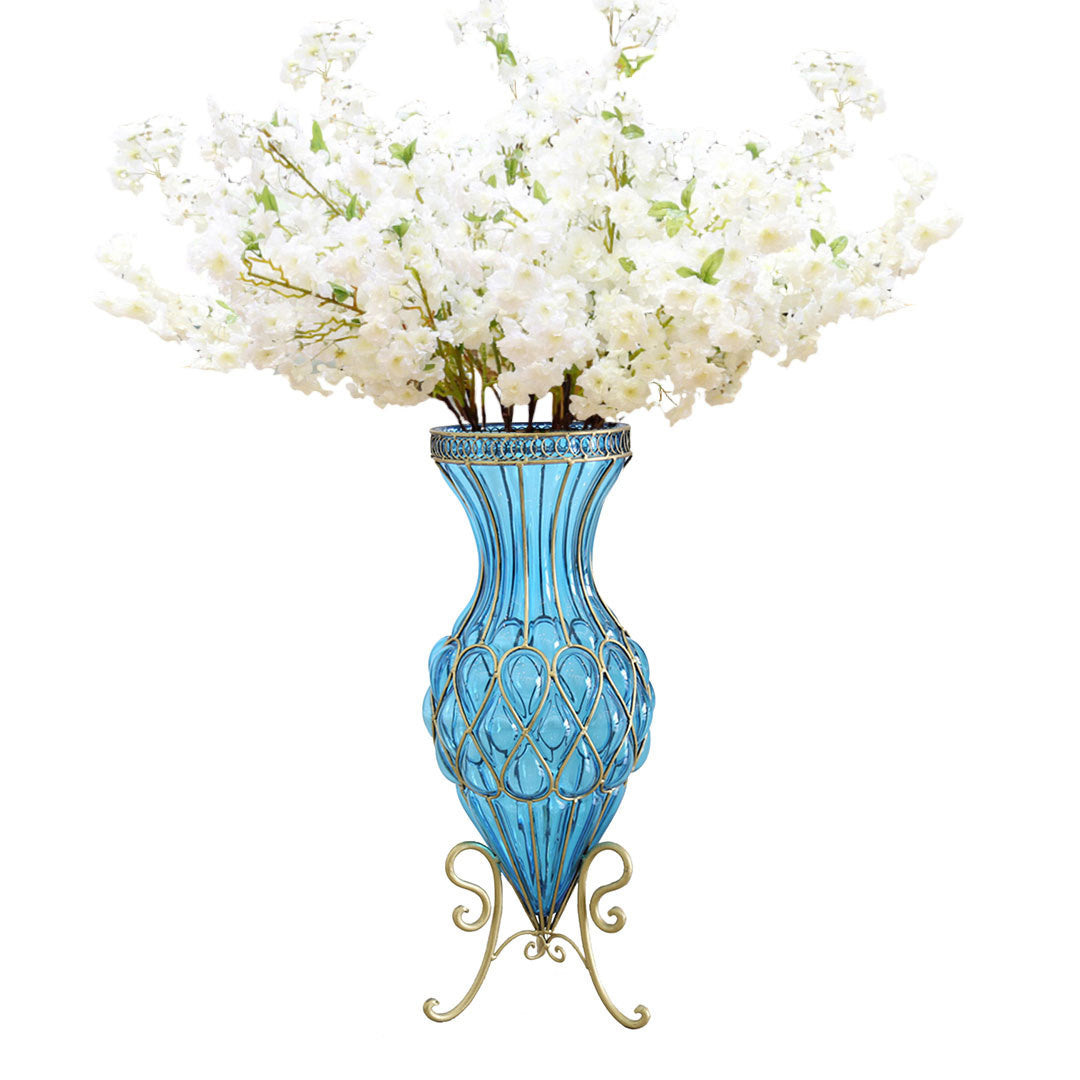 SOGA 67cm Blue Glass Floor Vase with 10pcs White Artificial Flower Set