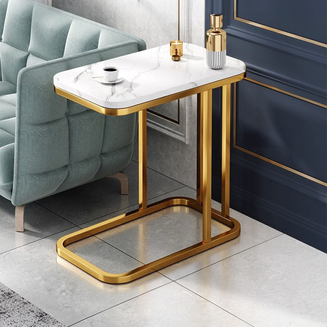 SOGA 30x50cm White Ceramic Sofa Side Square Mini Table w/ Gold Metal Legs