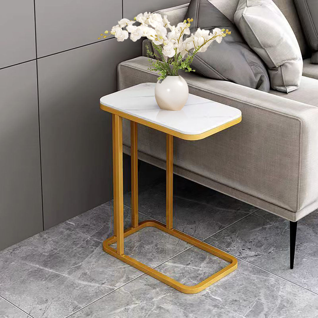 SOGA 30x50cm White Ceramic Sofa Side Square Mini Table w/ Gold Metal Legs