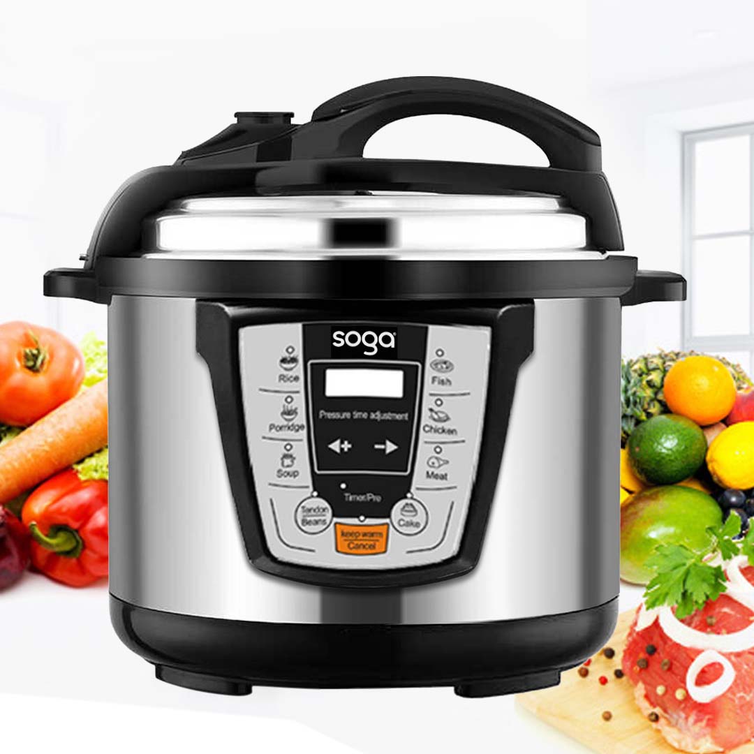 SOGA 6L Multicooker in stainless steel, designed for versatile cooking and quick meal preparation.