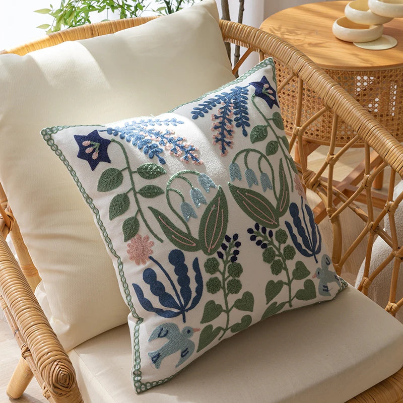 Green Fresh Tulip Embroidery Cushion Cover