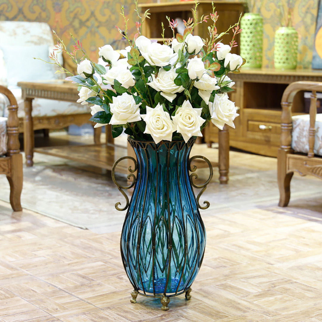 SOGA 51cm Blue Glass Floor Vase with 12pcs White Artificial Flower Set