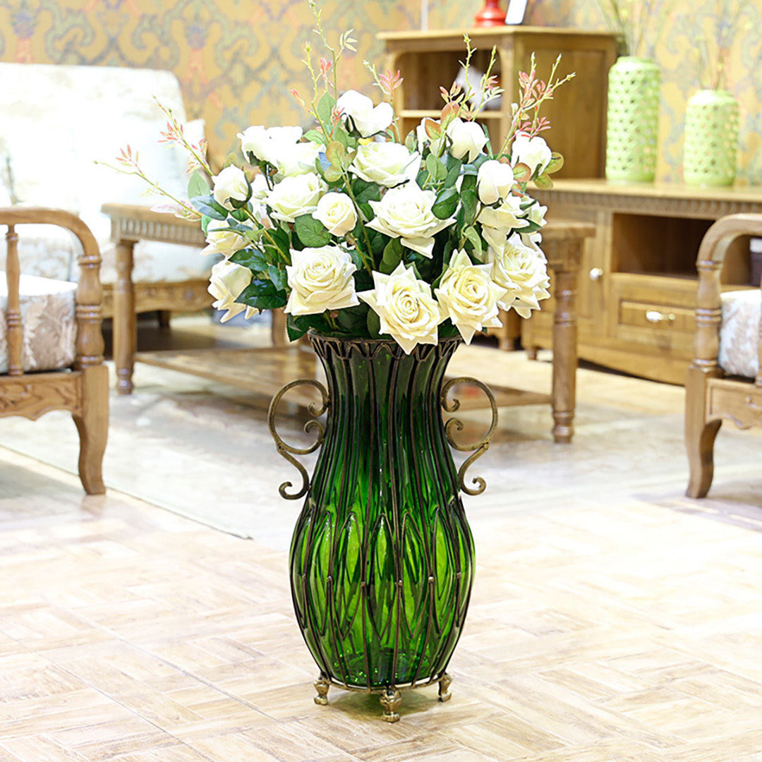 SOGA 51cm Green Glass Floor Vase with 12pcs White Artificial Flower Set