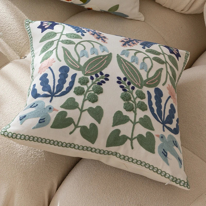 Green Fresh Tulip Embroidery Cushion Cover