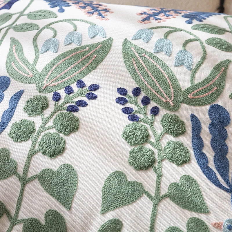 Green Fresh Tulip Embroidery Cushion Cover