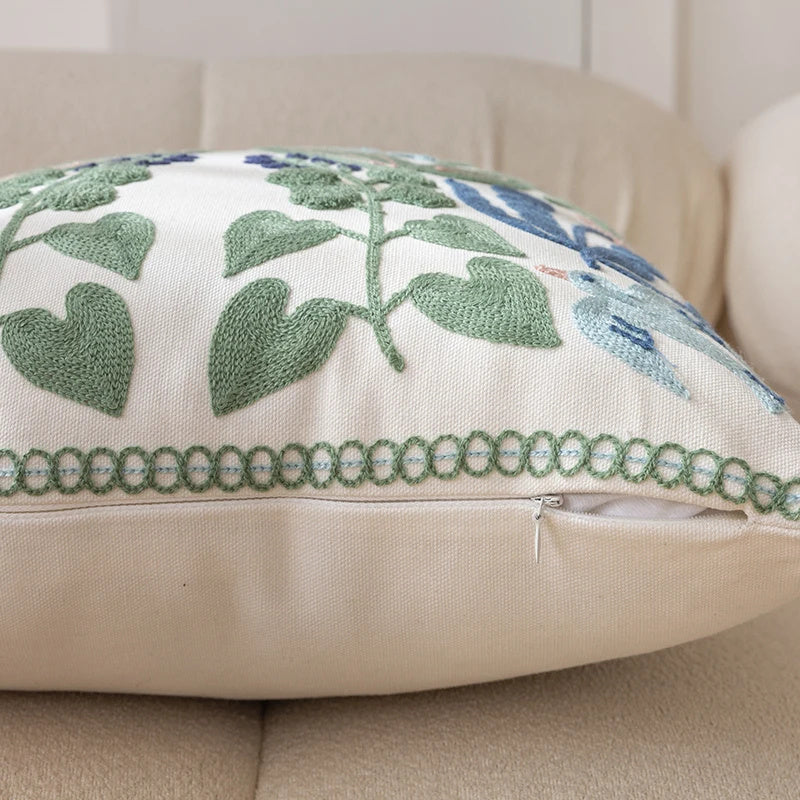 Green Fresh Tulip Embroidery Cushion Cover