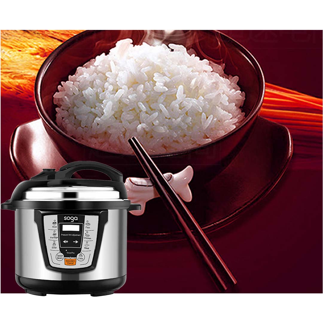 SOGA Electric Stainless Steel Pressure Cooker 12L images showing its use for cooking rice