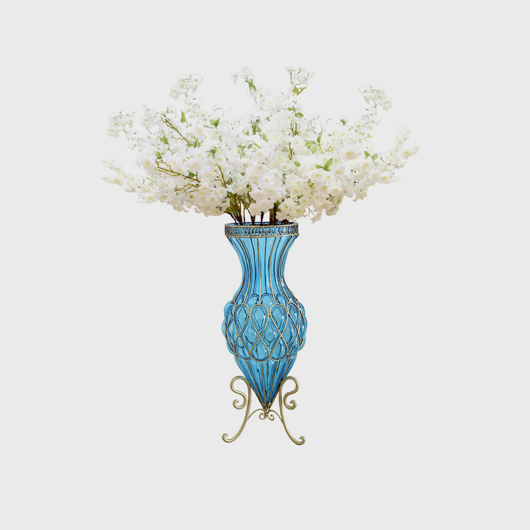 SOGA 67cm Blue Glass Floor Vase with 10pcs White Artificial Flower Set