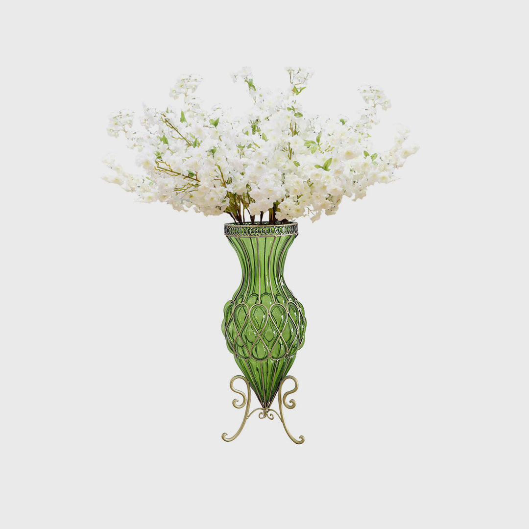 SOGA 67cm Green Glass Floor Vase with 10pcs White Artificial Flower Set