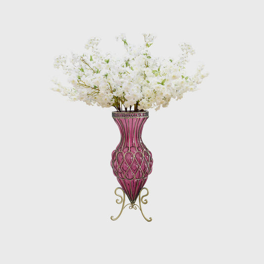 SOGA 67cm Purple Glass Floor Vase with 10pcs White Artificial Flower Set