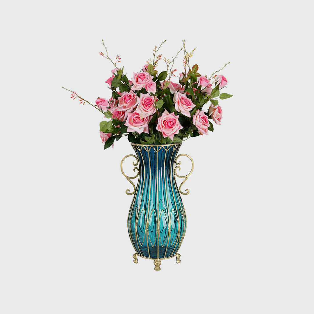 SOGA 51cm Blue Glass Floor Vase with 12pcs Pink Artificial Flower Set