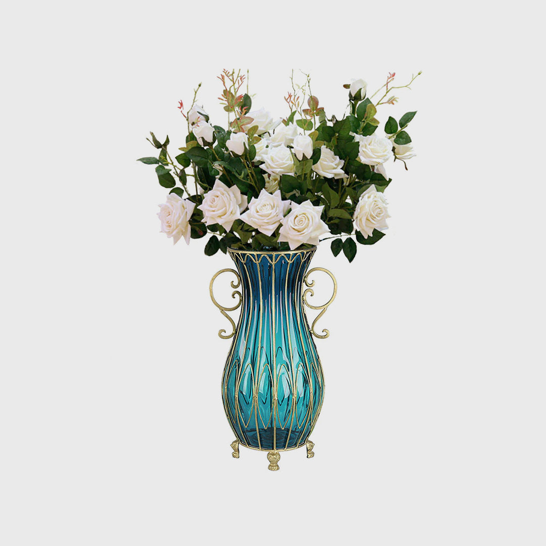 SOGA 51cm Blue Glass Floor Vase with 12pcs White Artificial Flower Set