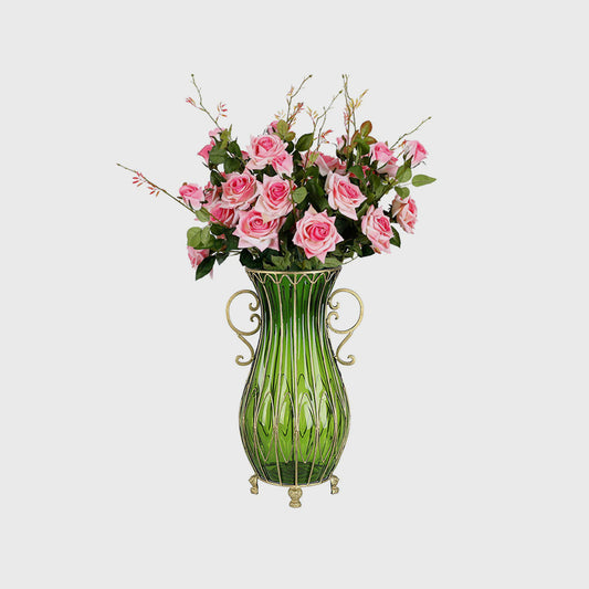 SOGA 51cm Green Glass Floor Vase with 12pcs Pink Artificial Flower Set