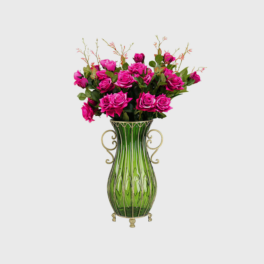 SOGA 51cm Green Glass Floor Vase with 12pcs Artificial Flower Set