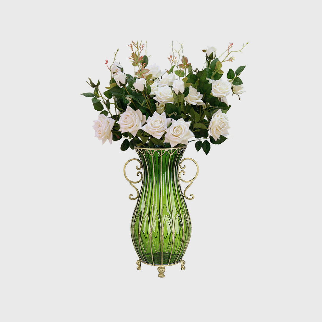 SOGA 51cm Green Glass Floor Vase with 12pcs White Artificial Flower Set