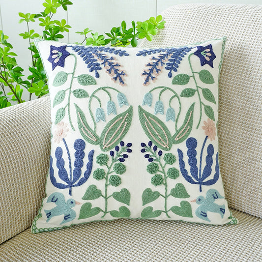 Green Fresh Tulip Embroidery Cushion Cover